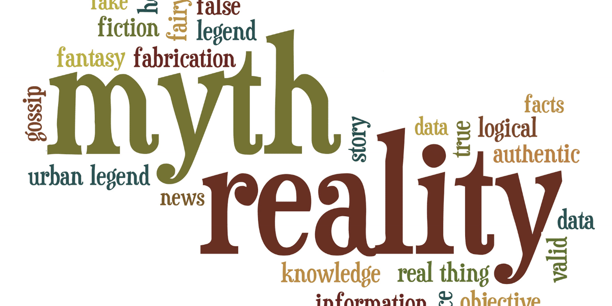 A word cloud of myth and reality surrounded by synonyms of each