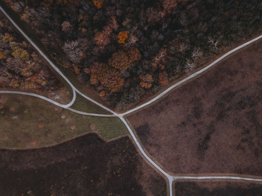 An overhead view of two distinct, clean paths converging, representing the choice between an old business model and a new, more efficient one.