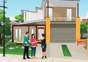 Illustration of real estate agent handing the key to a couple
