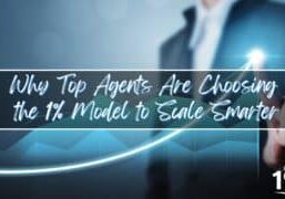 Business professional pointing to upward growth chart with title overlay promoting the 1% real estate franchise model for scaling smarter.